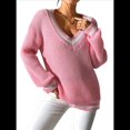 thumbnail image 3 of Suéter Holgado de Punto A Rayas de Larga para Mujer, Estilo Preppy, para Otoño e Invierno, con Cuello en V Rosa L, 3 of 10
