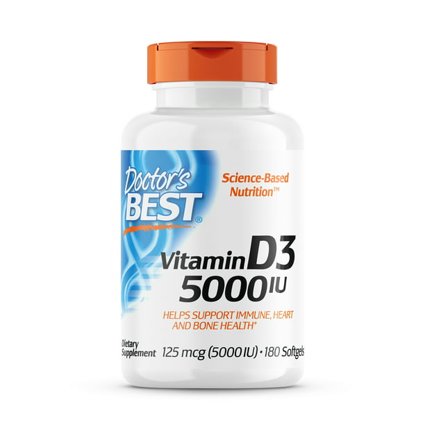 Doctor's Best Vitamin D3 5000IU, Non-GMO, Gluten Free, Free, Regulates Immune Supports Healthy Bones, 180 Softgels - Walmart.com