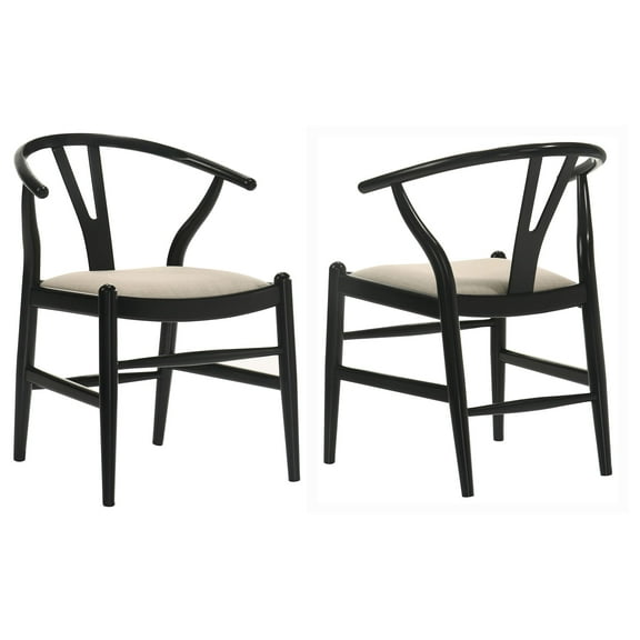 Ellie Wishbone Dining Chair Set of 2, Beige Fabric, Black Hardwood