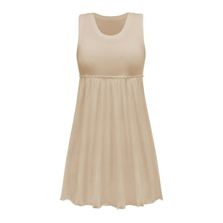 

Women s Dresses Swing Dress Sleeveless Round-Neck Long Maxi Dress Solid Casual Clothes Fashion for Women Lady Pleated Skirt XL Apricot