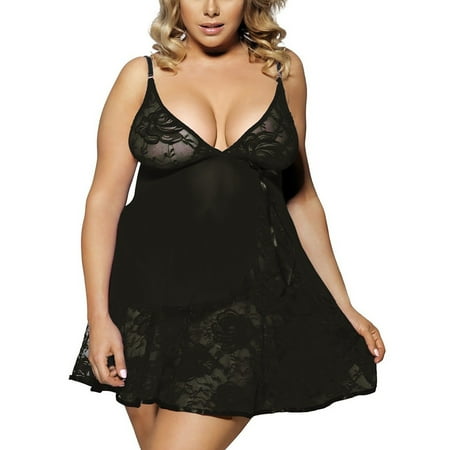 

QWERTYU V Neck Sexy Sleepwear for Women Lace Nightgown Lingerie Mesh Teddy Plus Size Babydoll M Black