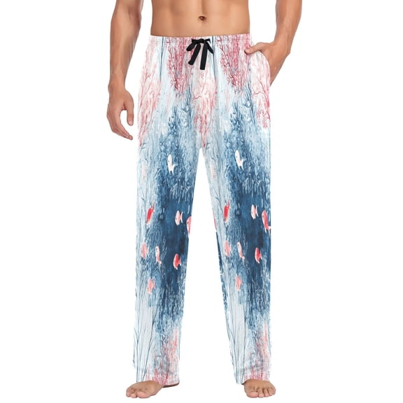 Watercolor Fish Pattern Mens Cotton Pajama Pants Long Staple Lightweight Sleep Bottoms with Pockets Breathable