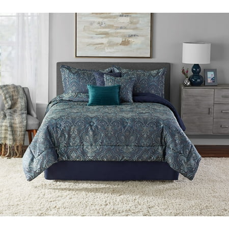 Mainstays Paisley Damask Teal 7 Piece Comforter Set King