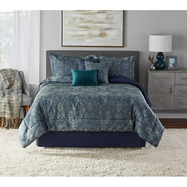 Mainstays 7 Piece Paisley Damask, Teal King Bedding Sets