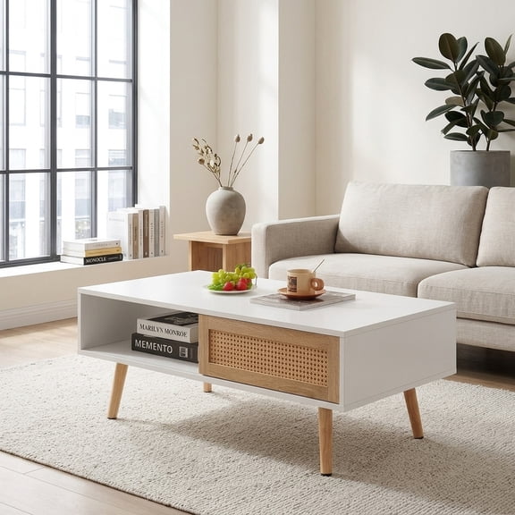 White Rattan Coffee Table with Sliding Door and Solid Wood Legs - Modern Living Room Accent