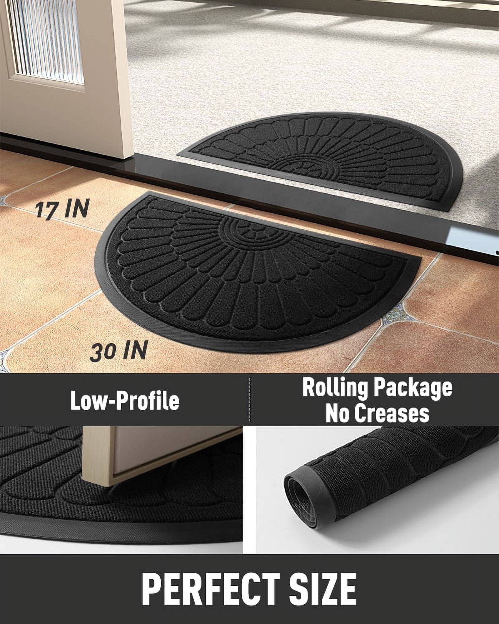 VUNATE Door Mat Outside Indoor Doormat Non Slip Rubber Welcome Mat Outdoor Mat for Front Door Entrance Absorbent Dirt Trapper Floor Mats for Home Low Profile Entry Rug Half Round 17"x30" Black