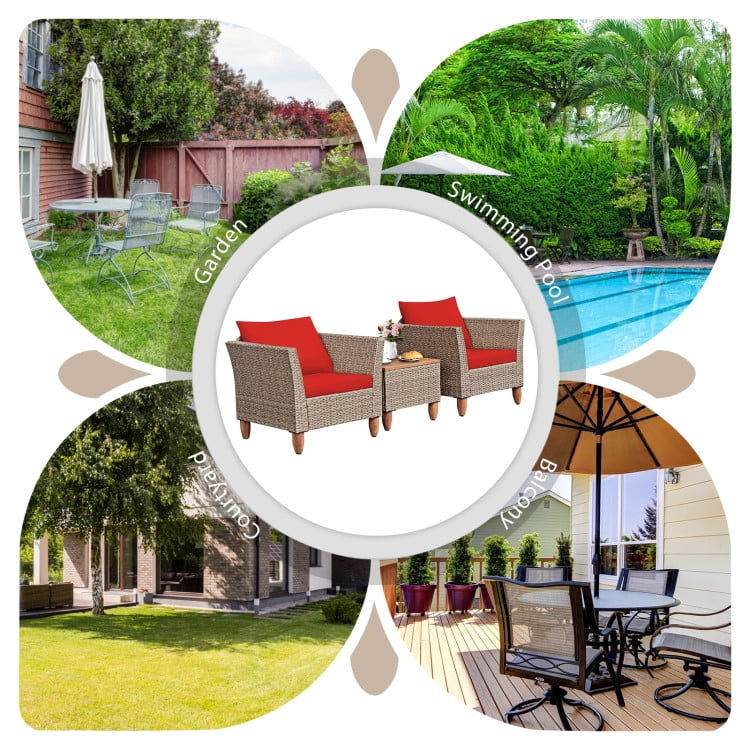 Aimee Lii 3 Pcs Outdoor Patio Rattan Furniture Set with Coffee Table, Modern Patio Furniture, Red Aimee Lii 3 Pcs Outdoor Patio Rattan Furniture Set with Coffee Table, Modern Patio Furniture, Red