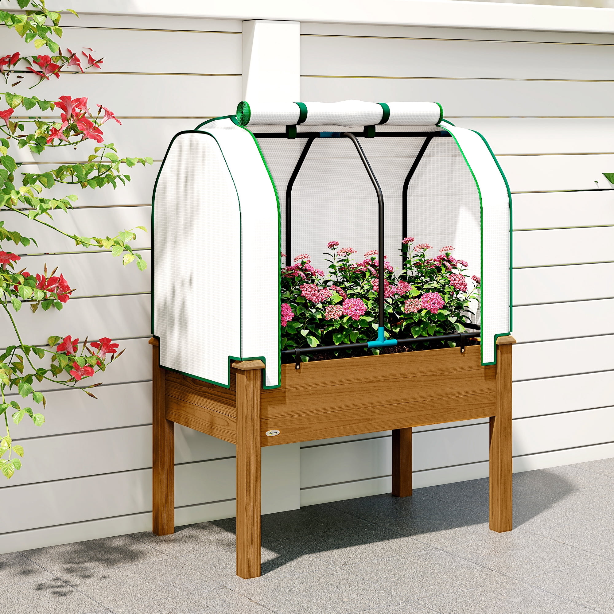 Outsunny Raised Garden Bed with PE Greenhouse Cover Outdoor Elevated Wood Planter Box for Herbs, Vegetables, for Patio, Backyard, Balcony, Brown
