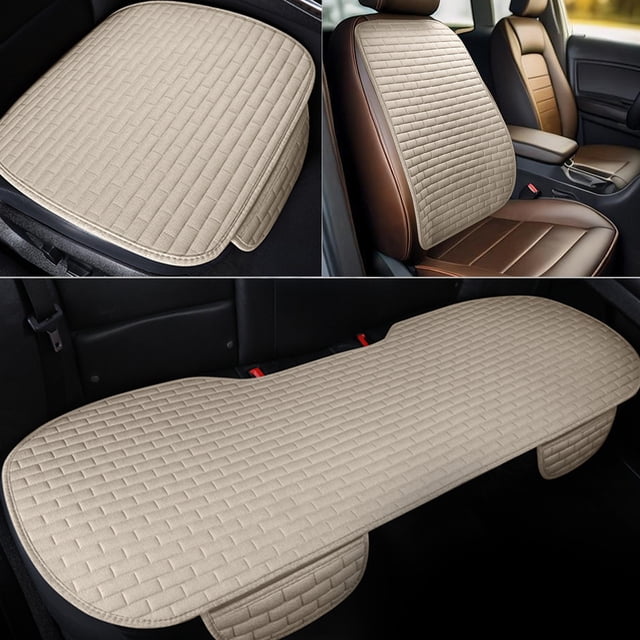 Juego de cojín para asiento de coche Linen Flin Summer Ventilated Cool Pad | Funda trasera trasera transpirable antideslizante | Beige, de 3 piezas, Universal Fitting para Sedán SUV Camión