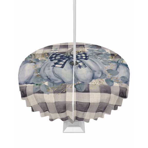 Boanket Outdoor Tablecloth with Umbrella Hole for Patio/Picnic/Party/Camping, Blue Pumpkins Fall Thanksgiving Waterproof Table Cloth Round Cover Washable, Black Plaid Rustic (Dia 54")
