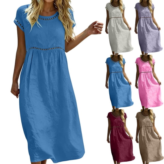 YuXingFu Womens 100% Cotton Dresses Maxi Crew Neck Plus Size Womens Dress Short Sleeve Solid Color Long Casual Summer Blue S