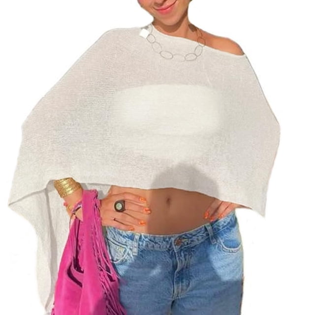 Top poncho translúcido para mujer Meihuida, tejido de crochet, ligero, blanco