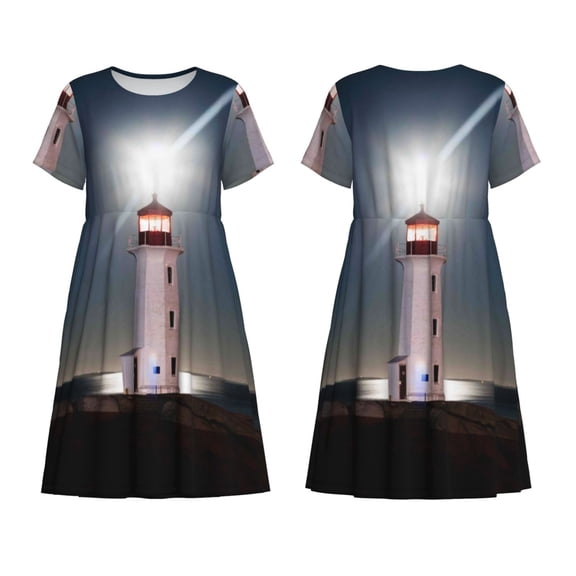 Horeoi Peggy's Cove Lighthouse Print Women's Short Sleeve Dress Breathable Polyester-Spandex All-Over Print A-Line Side Pockets Elastic Waist