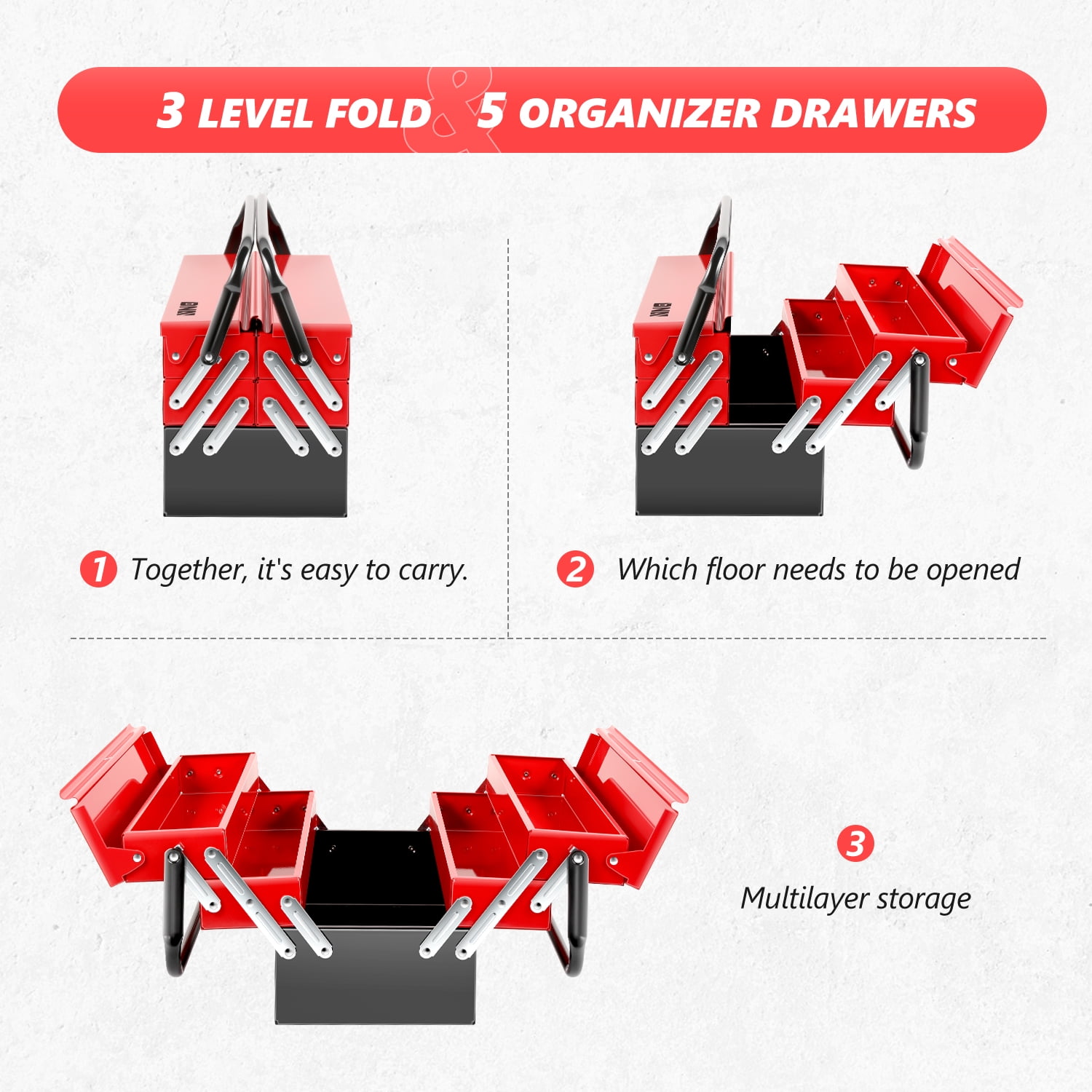 DNA Motoring TOOLS-00411 Red 18" 3 Level Multi-Function Foldable Repair Tool Box Storage With Lock Hole + 5 Drawers + Handle
