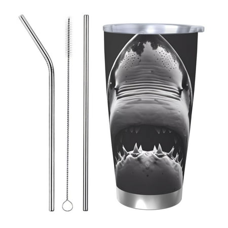 

Vsdgher Black And White Shark 20 Oz Stainless Steel Vacuum Insulated Travel Mug Coffee Cup for Home Office Outdoor Works Great for Ice Drinks and Hot Beverage -Straw Three-piece Set