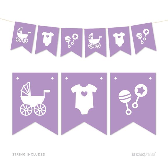 Lavender Pennant Party Banner Baby Shower Rattles Carriage Onesie