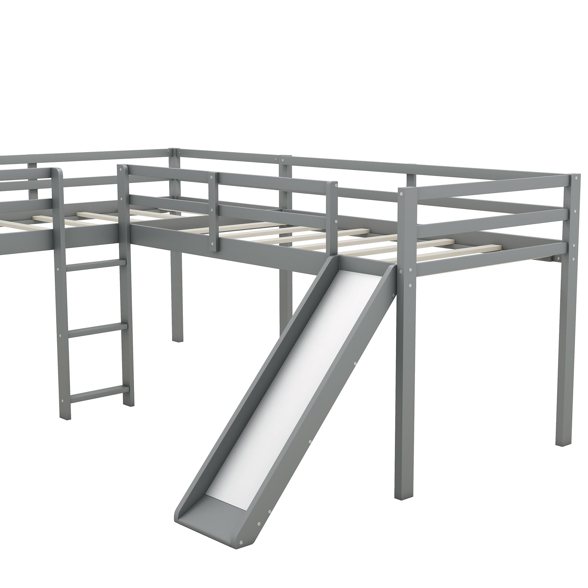 Euroco Twin L-Shaped Low Loft Bed with Movable Two-Tier Shelves for Kids Teens, Gray