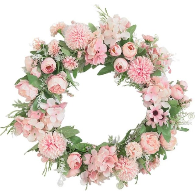 Corona decorativa de primavera, peonía y hortensia, 40 cm, rosa claro para decoración del hogar, decoración del frente o decoración de la pared