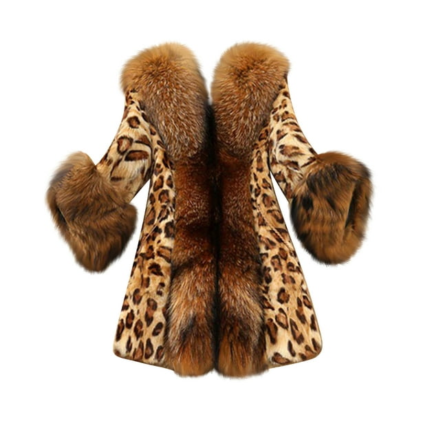 Women Faux Classic Leopard Furs Collar Medium Long Winter Coat Jacket 