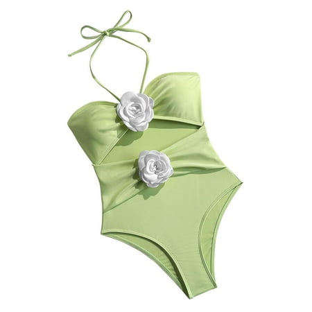 Oplxuo 3D Flower One Piece Swimsuit for Women Cutout Ruched Halter Bathing Suits Cheeky Drawstring Swimwear