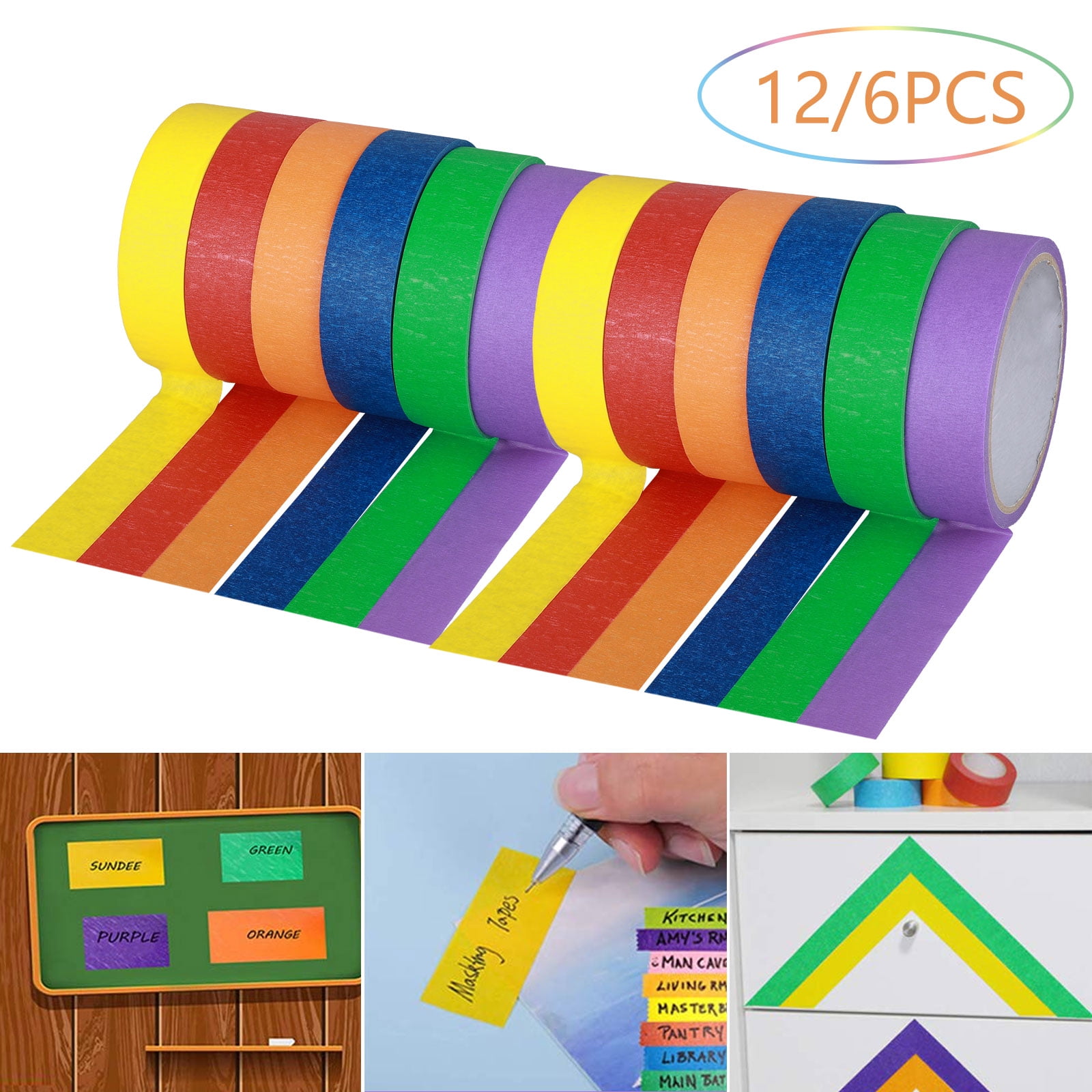 Colored Masking Painters Craft Tape, TSV 12/6 Rolls Rainbow Color Craft
