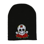 Candy Skull and Roses Black Cuffless Beanie