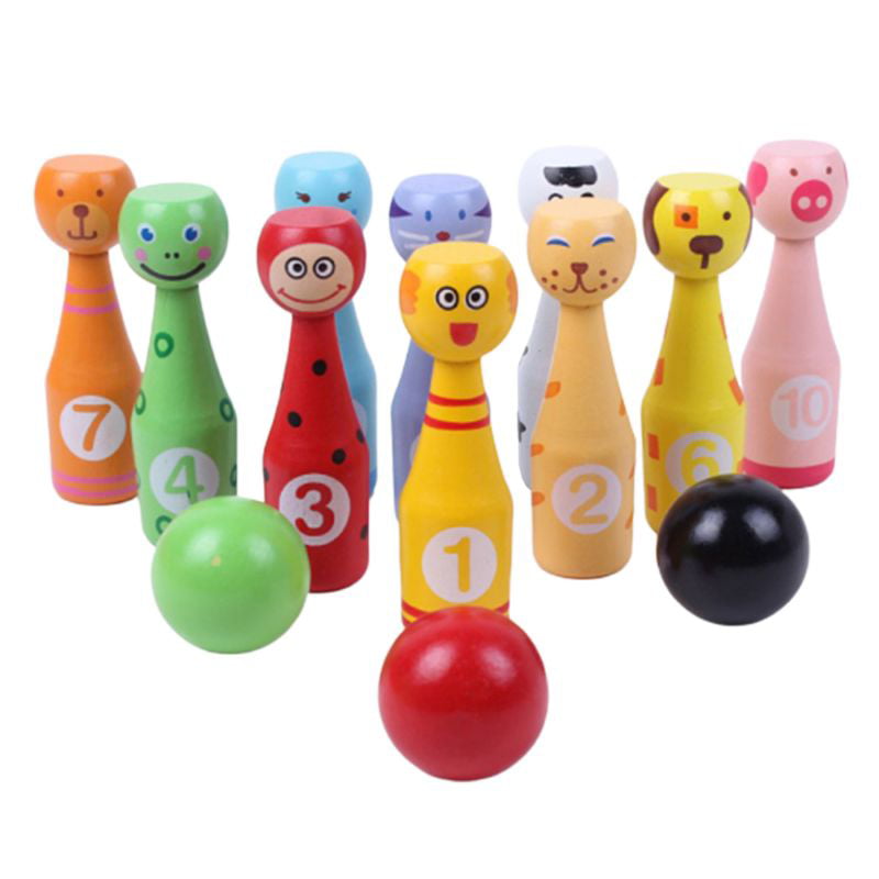YESTUNE 13pcs/set Wooden Bowling Set 10 Pins 3 Ball Animal Bowling Game for  Children Indoor Family Sports Educational Toy 