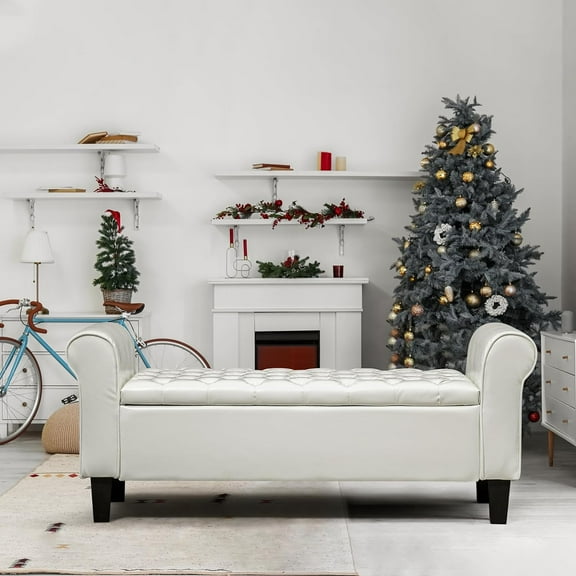 ECOTOUGE Ottoman with Storage for Living Room, Leather Upholstered Bench Footrest, Bedroom Benches at End of Bed, Rolled Arm Ottoman, Cream Color