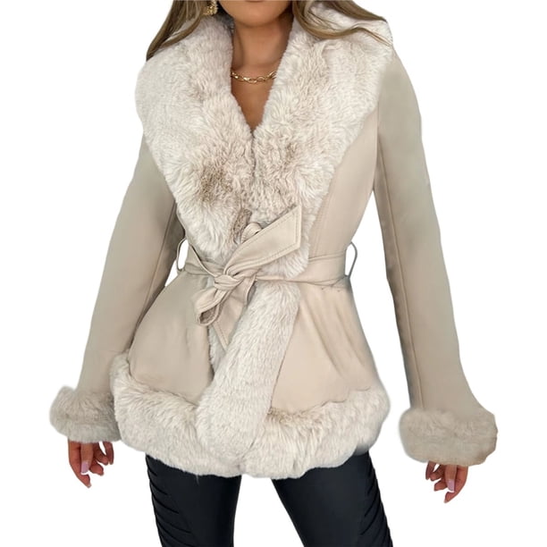 Chaqueta de Piel Sintética para Mujer con Cuello de Piel Sintética, Parka Peplum de Invierno de Larga con Ribete de Pelo y Cinturón. Beige L