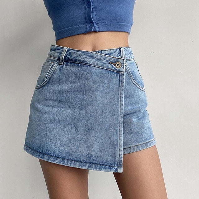 MKLEKYY Pantalones Cortos De Mezclilla De Cintura Alta Para Mujer, Corte A, Con Lavado Claro, Diseño De Dos Piezas, Para Amantes De La Moda