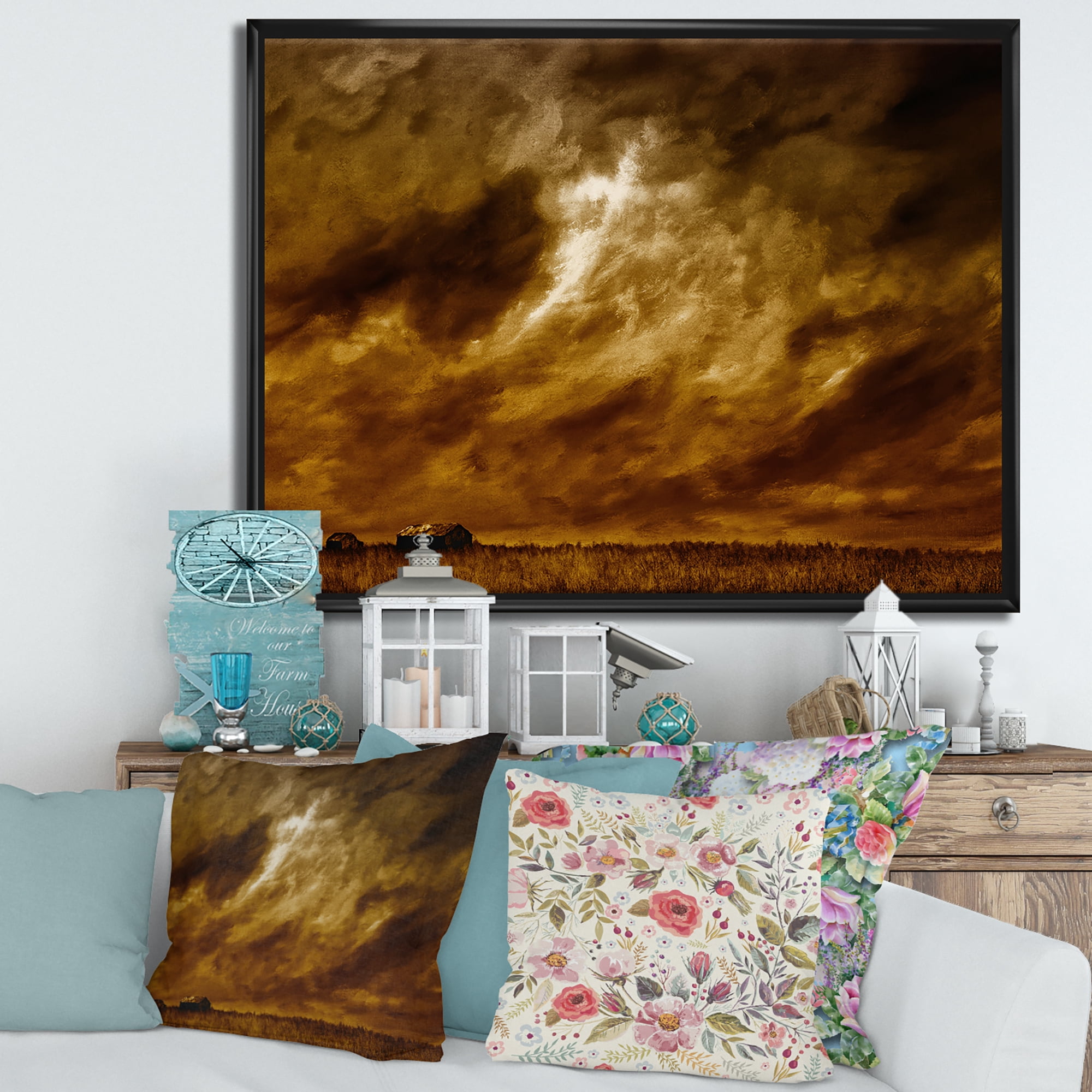 Designart 'Desert Farmhouse Under Cloudy Sky II' Farmhouse Framed Canvas Wall Art Print