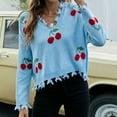 thumbnail image 2 of CEHVOM Pull Court Ample à Col en V Imprimé Fruits pour Femmes avec Franges 2023 Liquidation, 2 of 4