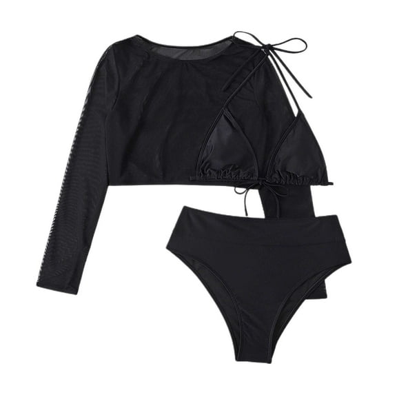 SWSMCLT Women's High Waisted Triangle Bikini Set Swimsuit Mesh Beach Coverup Crop Top Padded Brazilian Cheeky 3 Piece Halter String Bathing Suit Black Large