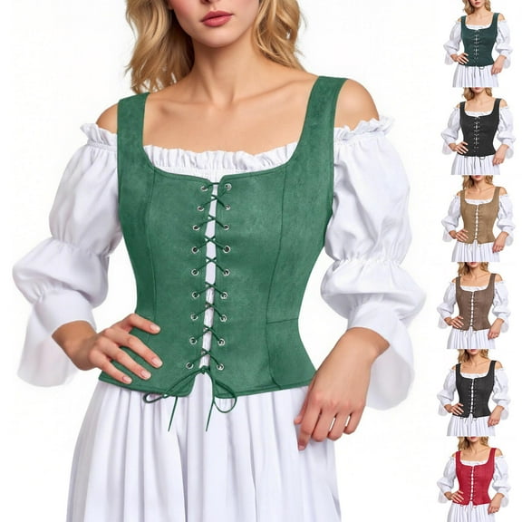 ZVAVZ Women Gothic Steampunk Strap Lace Up Corset Tops Pirate Medieval Viking Floral Top Ren Faire Vest Victorian Plus Size Bodice Green,S