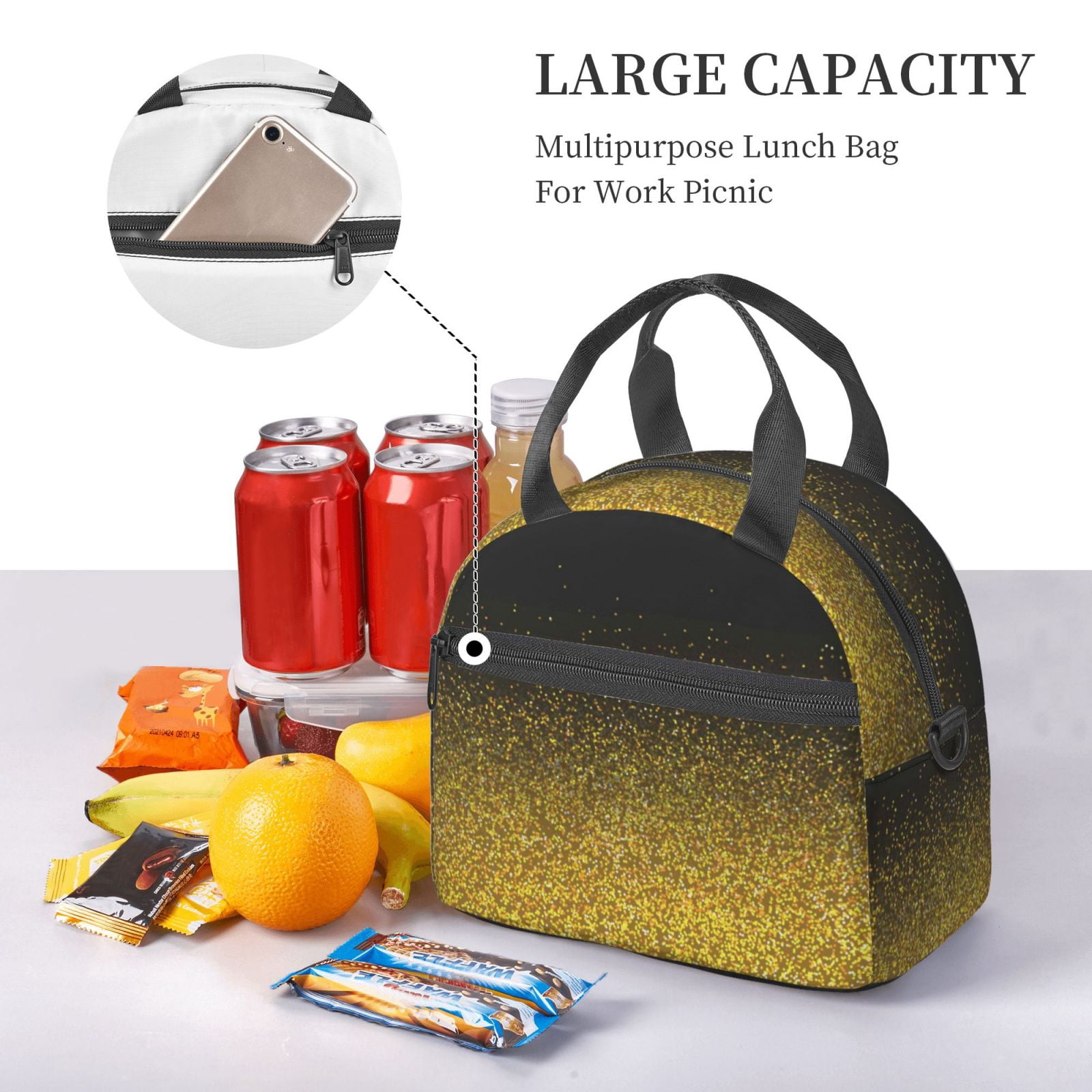 Naloa Gold Glitter Gradient Print Lunch Bag for Women & Men Insulated Lunch Box or Cooler Lunch Tote Bags for Work, Travel, Outdoor