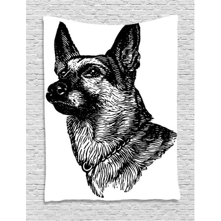 Animal Tapestry, Pencil Sketchy Image of Dogs Human Best Friend Guardian Police Animal Artwork, Wall Hanging for Bedroom Living Room Dorm Decor, 60W X 80L Inches, Black and White, by