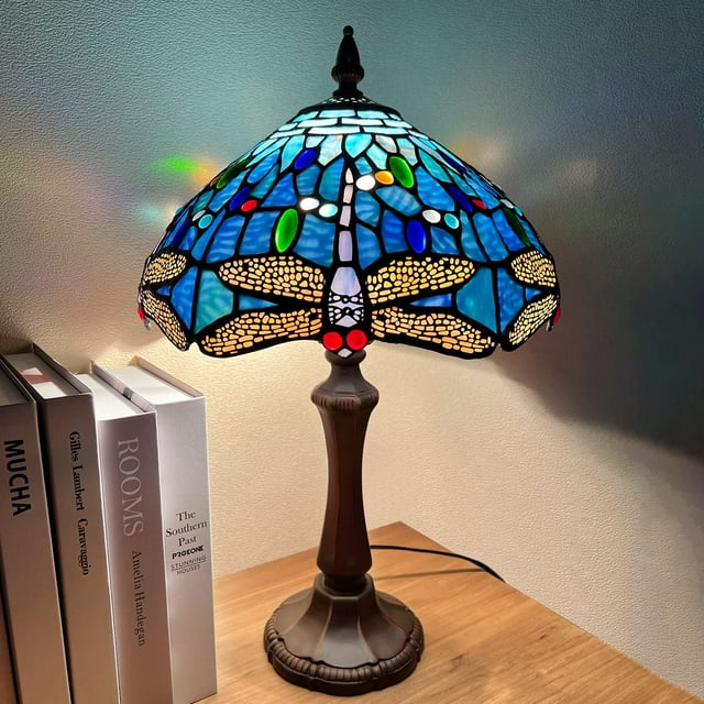 Vinplus Tiffany Lamp Table Lamp Blue Dragonfly Style Reading Desk Lamp 19" Tall