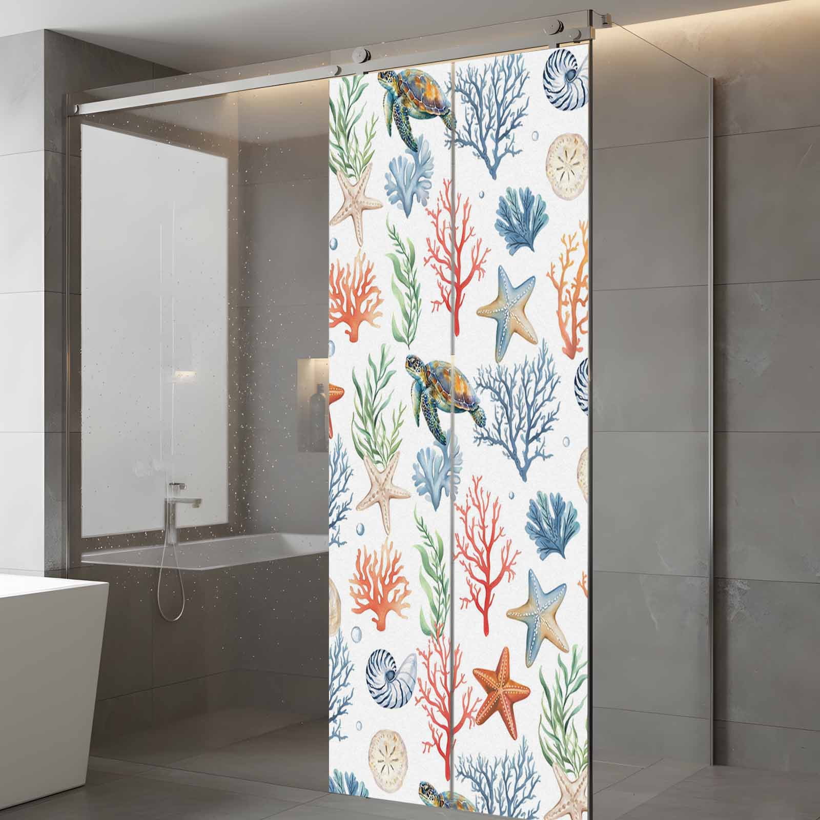 Summer Ocean Window Privacy Film, Nautical Coastal Sea Turtles Shells Corals Starfish Frosted Glass Window Clings Static Cling UV Heat Blocking Reusable Door Sticker for Bathroom 23.6 x 59 Inch