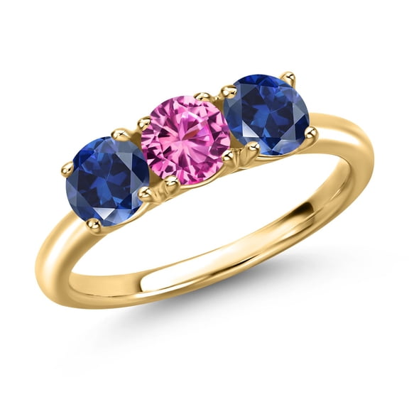 Gem Stone King 18K Yellow Gold Plated Silver Pink Created Sapphire and Blue Created Sapphire Engagement Ring for Women | 1.75 Cttw | Round 5MM | Gemstone September Birthstone | Size 7