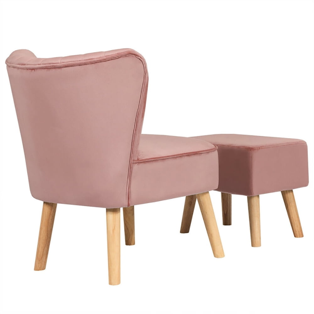 Finihen Velvet Accent Chair, Modern Accent Chair Ottoman Set with Footstool, Thickly Padded, for Living Room, Bedroom, Pink