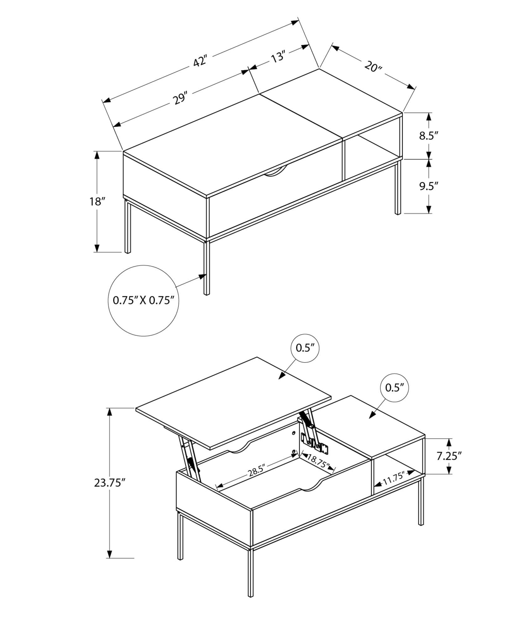 Monarch Specialties - Coffee Table, 42" L, Rectangular, Cocktail, Lift-Top, Washed Oak, Black Metal, Contemporary, Modern