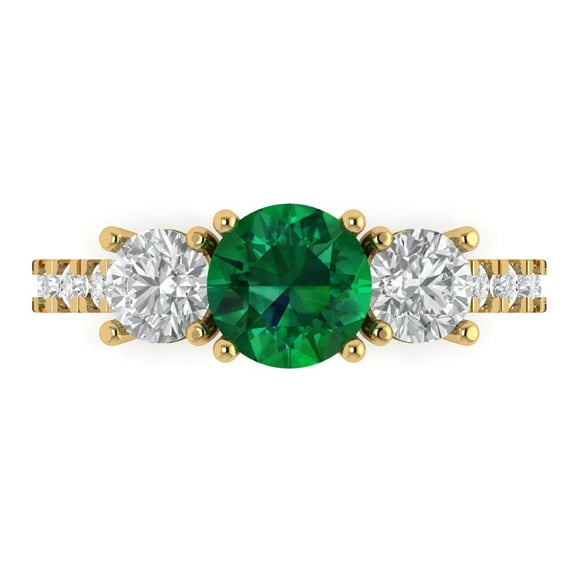 1.97 ct Round Cut Simulated Emerald Three-Stone Engagement Ring for Women in 14K Yellow Gold