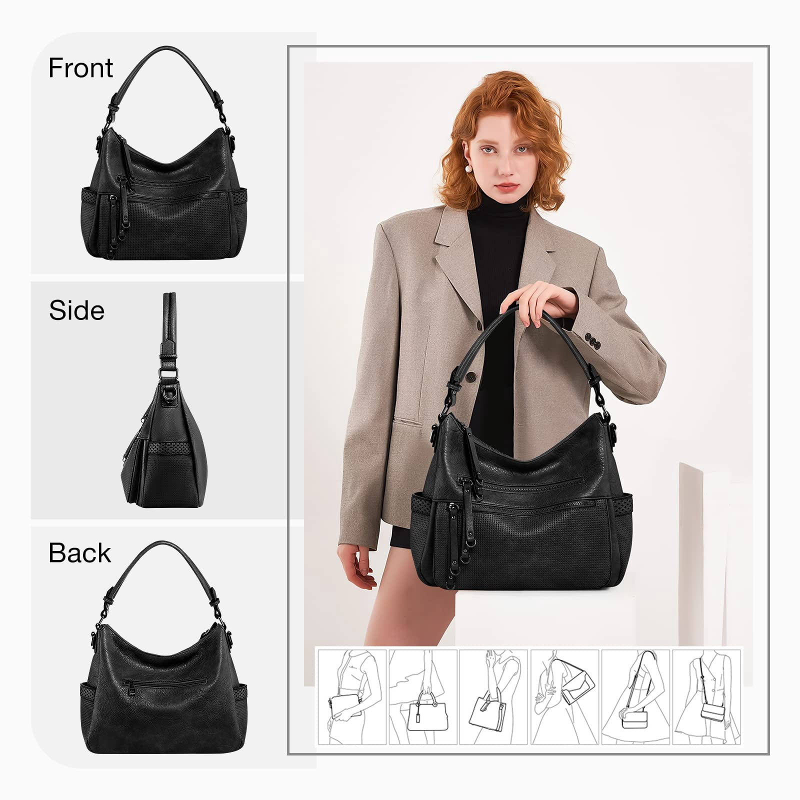 Capamaster Large Capacity Vintage Hobo Bag | Retro PU Leather 2-Way Shoulder Crossbody Purse for Women Black