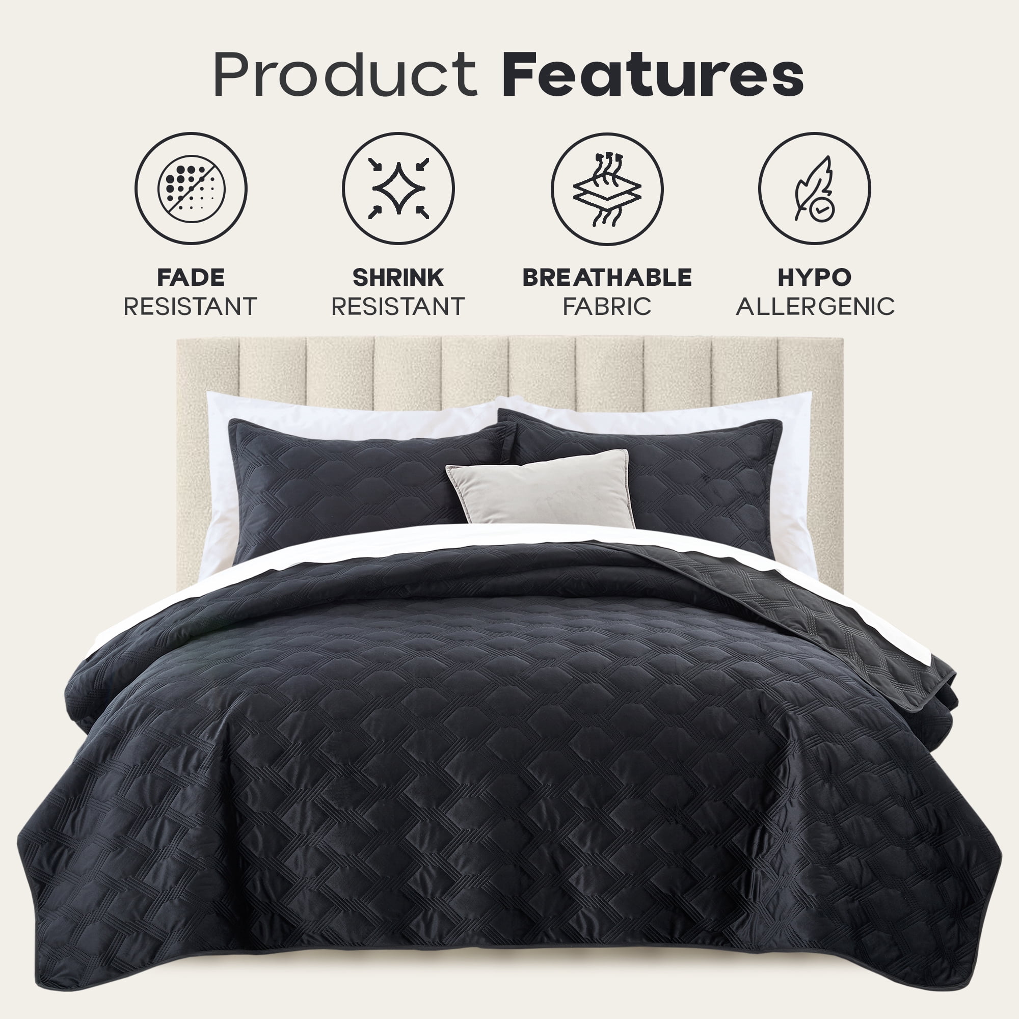 Ameha Velvet Bedspread King Size 3 Piece Set Black Geometric Quilt Ultra Soft Lightweight Reversible Washable Bedding 350GSM