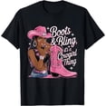 thumbnail image 1 of playera de manga corta para mujer, diseño de vaquera, "Boots and Bling It's a Cowgirl Thing", color rosa y negro, 1 of 6