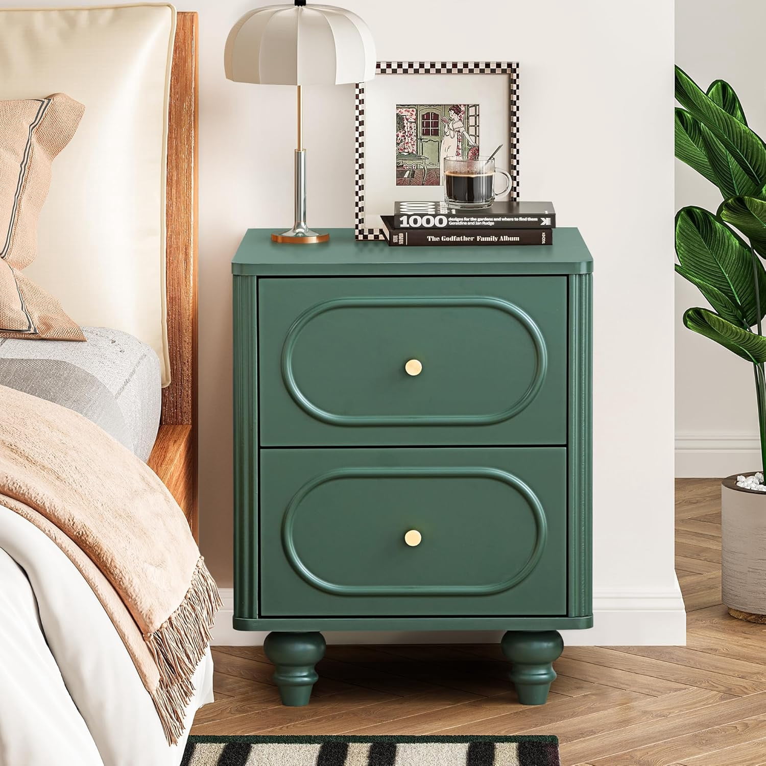 Wirrytor 2 Drawer Fluted Nightstand Set of 2, Mid Century Modern Farmhouse Bedside Table,Sofa Table, Small End Table Bedside Table for Bedroom Living room, Green
