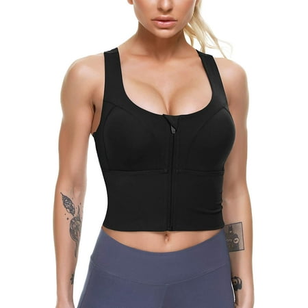 

Nebility Women Zip Front Sports Bras Longline Fitness Crop Tops Tank Gym Yoga Workout Shirts(Black Large)