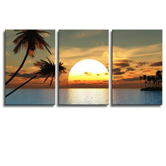 Huge Tropical Palm Tree Sunset Peace Giclee Canvas Wrap Wall Art - 24"x36" x 3 Panels