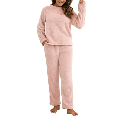 

Womens Plush Pajamas 2 Piece Set Solid Fuzzy Long Sleeve Round Neck Tops and Bottom Sleepwear Sets