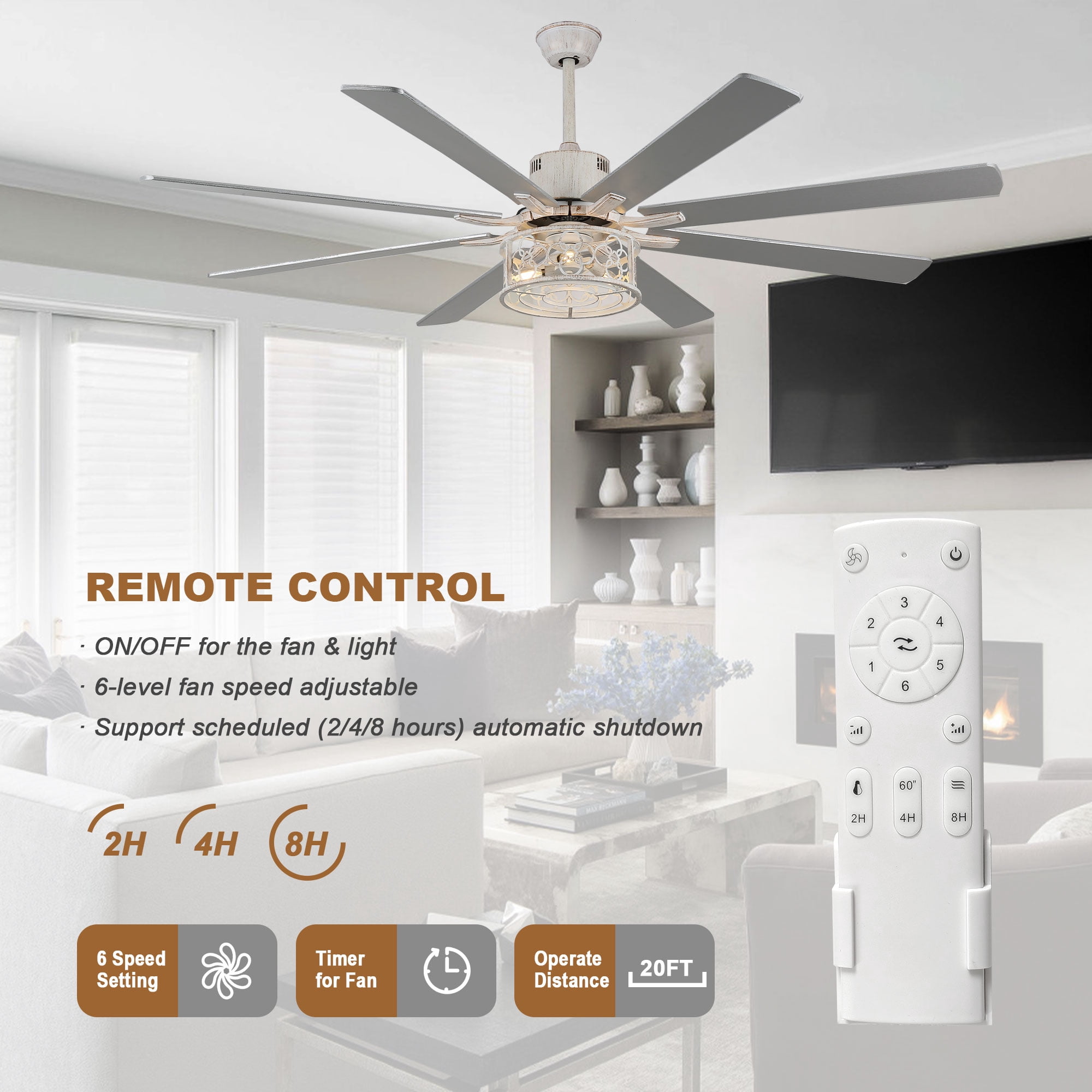Cusp Barn 72 Inch Industrial Distressed White Finish Ceiling Fan with Remote and Lights, 8 Wooden Blades Indoor Ceiling Fan, DC Motor 6 Speeds Reversible, for Office and Large Indoor Room